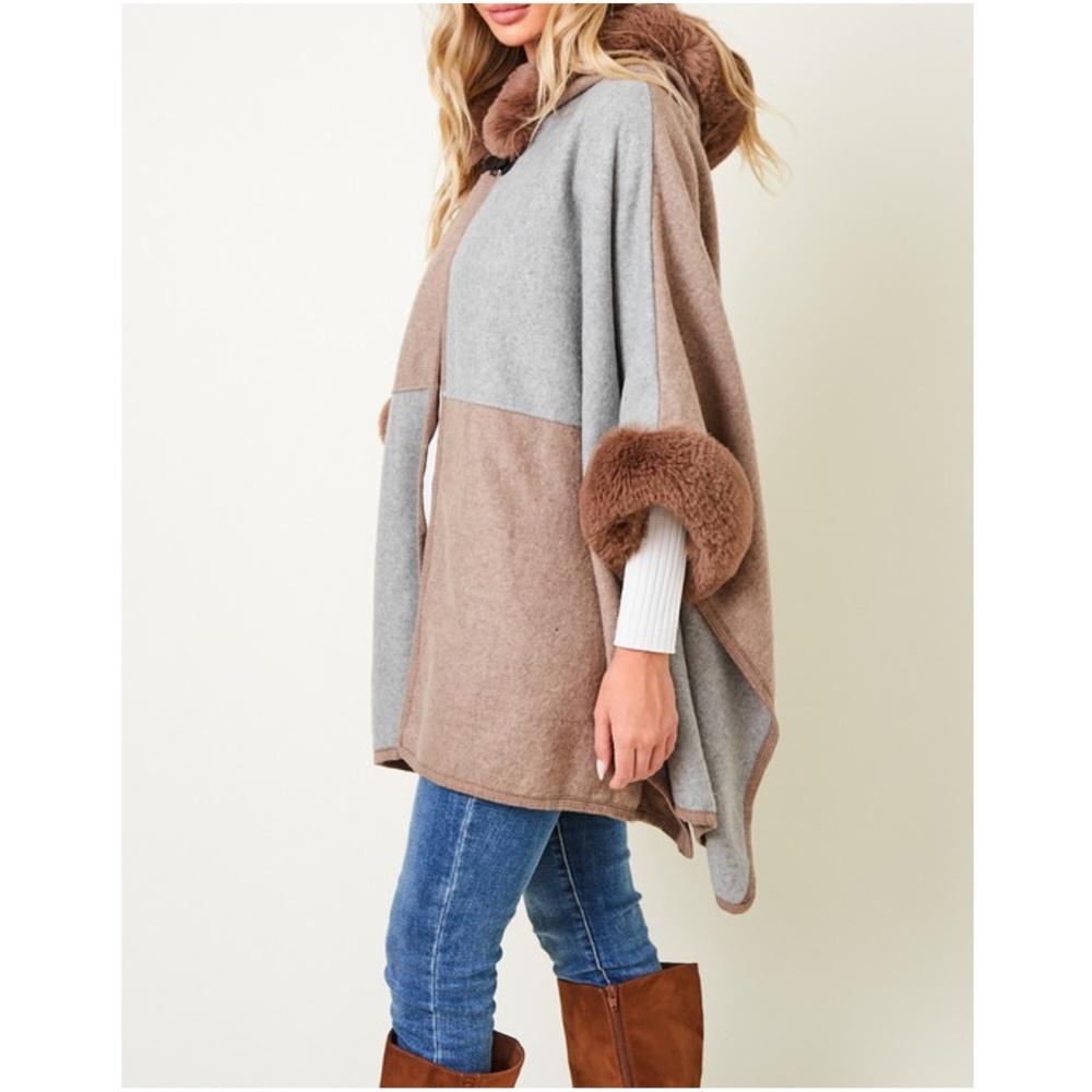 035 Cozy Vegan Fur Color Block Hoodie Jacket Coat - Picture 6 of 6